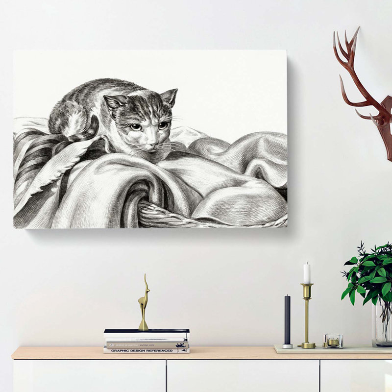 Cat in a Basket by Jean Bernard - Wrapped Canvas Drawing - Wrapped Canvas, 40cm H x 60cm W x 3cm D
