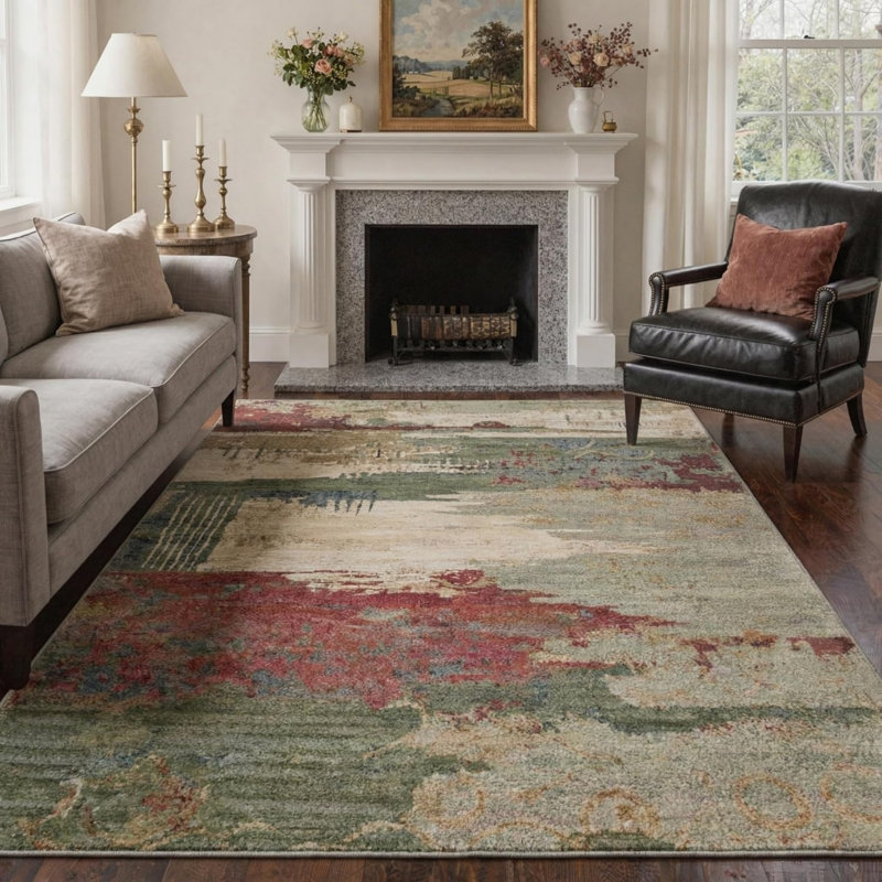 Rustic Abstract Red Green 5' x 7' Rug for Dining Room & Cabin
