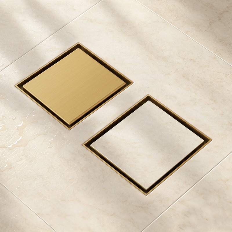 4-Inch Square Shower Drain, Brushed Gold