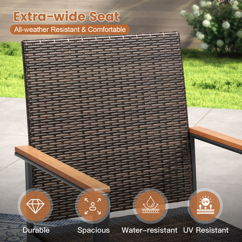 6-Person Patio Dining Set with Metal Round Dining Table and 6 Rattan Armrest Dining Chairs, Black/Brown