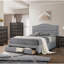 Lit simple gris avec tête de lit élégante et tiroir de rangement caché avec revêtement en toile de jute