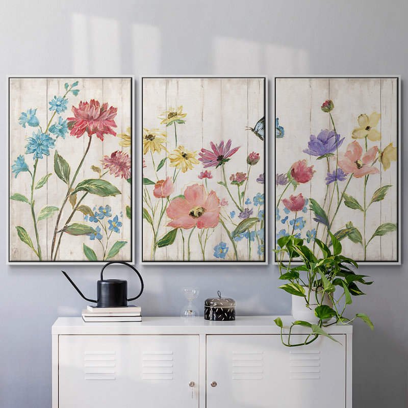 Fleurs sauvages sur 3 pièces, H 24 po x l 48 po x P 2 po, Blanc