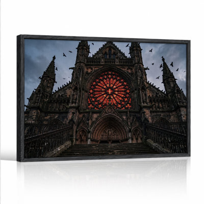 Art mural sur toile, cathédrale gothique avec rose rouge et vol d'Halloween