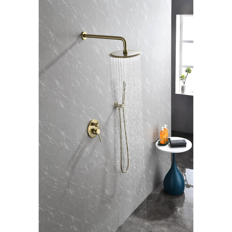 Robinet de douche pour salle de bain en or brossé mural - avec pomme de pluie haute en acier inoxydable de 10 po et douche à main, ensemble de soupape d'équilibre à 2 voies