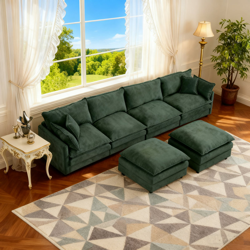 130" Oversized Upholstery Modular Sectional Sofas With Two Ottoman For Living Room, Green Chenille