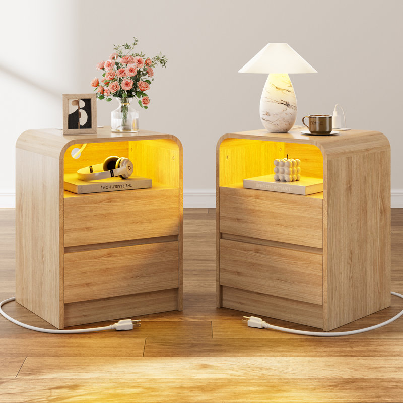  Ensemble de 2 tables de chevet modernes de 18 po avec station de charge et lumière, 2 tiroirs sans poignée avec tablette ouverte Avenley, table de chevet à bord incurvé, table d'appoint pour chambre à coucher et salon