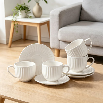 Ceramic Espresso Cups with Saucers 8 Oz, Set of 4 Porcelain Demitasse Cups with Handle, Small Coffee Mugs for Coffee, Tea, Latte, Macchiato and Cappuccino, White Stripe Design for Kitchen and Cafe