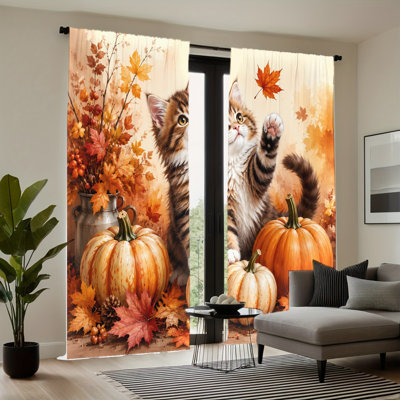2PCS Mignon chat citrouille filtrant les rideaux de lumière avec motif de feuilles d'automne, décor de l'Action de grâce, conception facile avec passe-tringle, rideaux toutes saisons pour la décoration de la chambre à coucher du salon de la maison