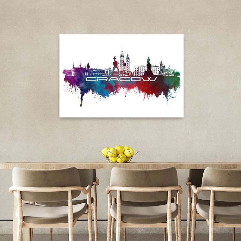 «Krakow Skyline Watercolor Colorful Modern Vibrant Architecture City Art mural», 24" H x 36" W