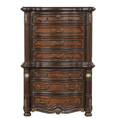 Commode haute Ruth avec incrustations de ronce, 7 tiroirs, bois brun acajou