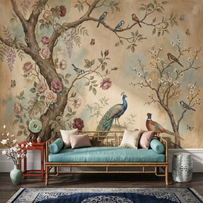 Muted Green Wallpaper Vintage Botanical Removable Bird Wall Decor