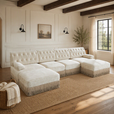 Canapé modulaire 4 places avec 2 repose-pieds, jupe à pampilles, conception capitonnée, mousse haute densité, base ergonomique en bois de qualité supérieure, brun clair