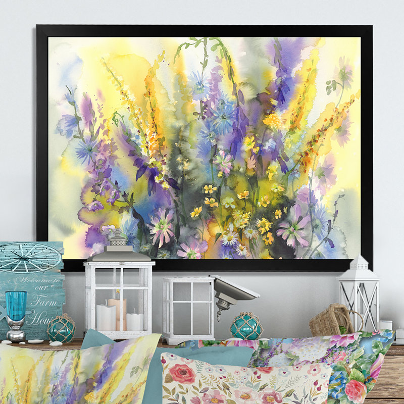 Fleurs d'été jaunes et mauves - reproduction sur toile, H 8 po x l 12 po x P 1 po, Cadre noir