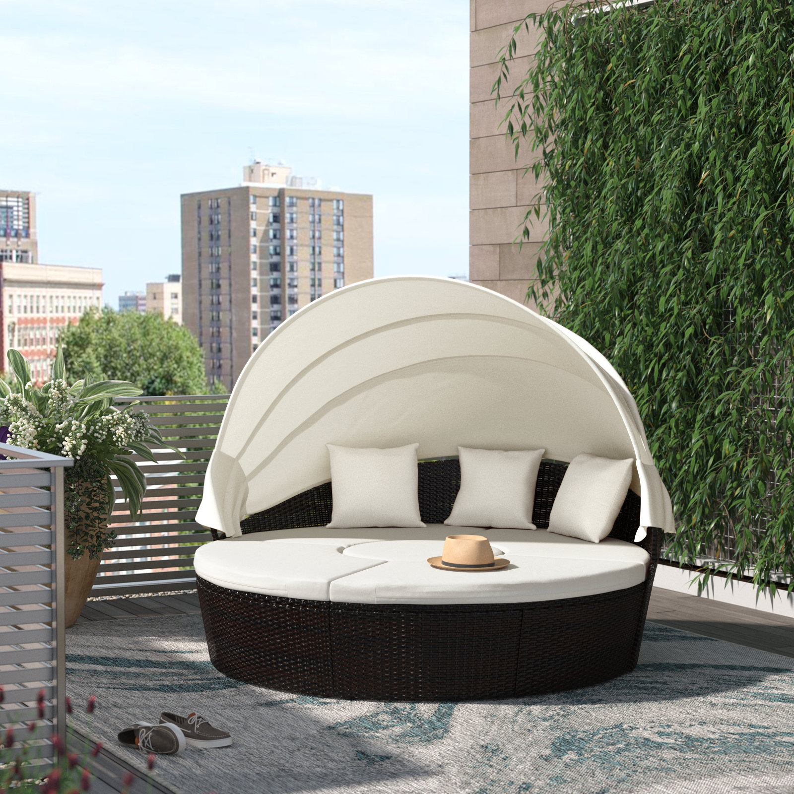 Alleshia 75.5'' Wide Wicker Patio Daybed with Cushions - Off White