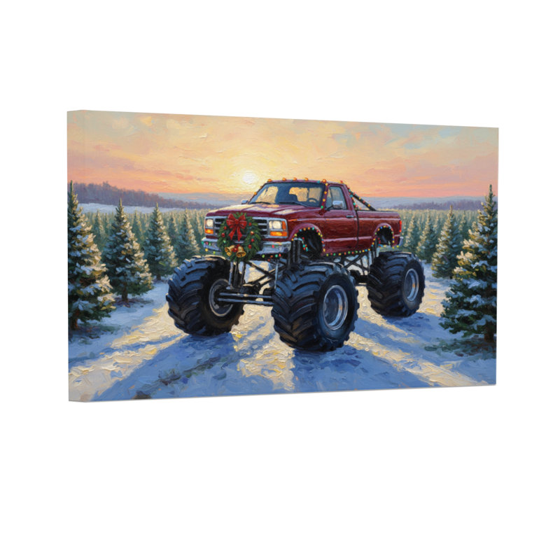 Noël, camion rouge, neige, forêt, coucher de soleil, décor de Noël