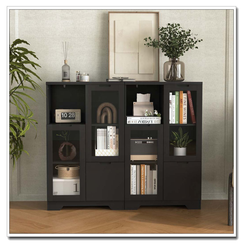 MDF Cabinet Glass Doors Drawer Open Storage Space, Blue