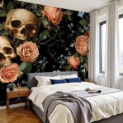 Peel and Stick papier peint broderie de crânes roses sans soudure gothique art mural H 100 po x l 144 po papier mural amovible en PVC auto-adhésif pour chambre à coucher salon bureau à domicile