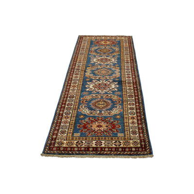 3x8 Blue and Ivory Kazak Tribal Runner