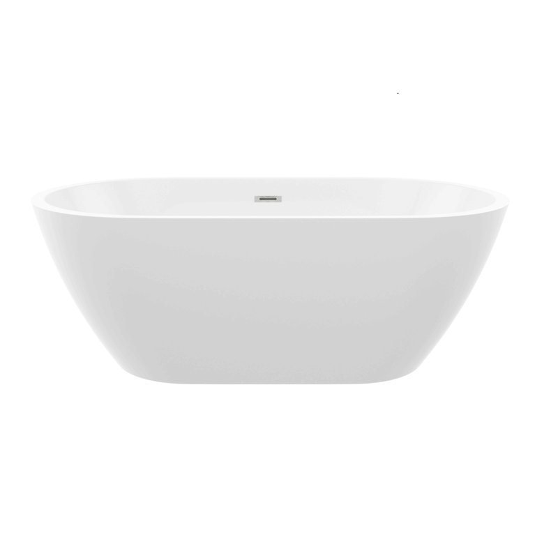 Baignoire autoportante 59 po en acrylique, élégante baignoire ovale, blanc brillant, trop-plein chromé et bonde escamotable