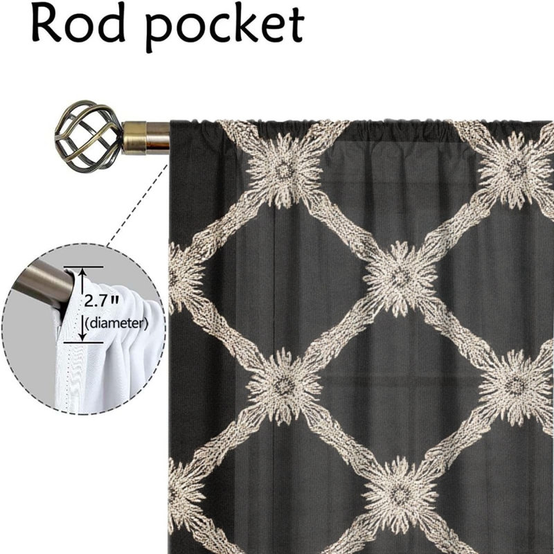 2 pièces de rideaux à motif floral à losanges rétro, rideaux en jacquard noir et beige avec passe-tringle filtrant la lumière pour le salon, la chambre à coucher, la cuisine, la décoration intérieure, l'extérieur, le mur,