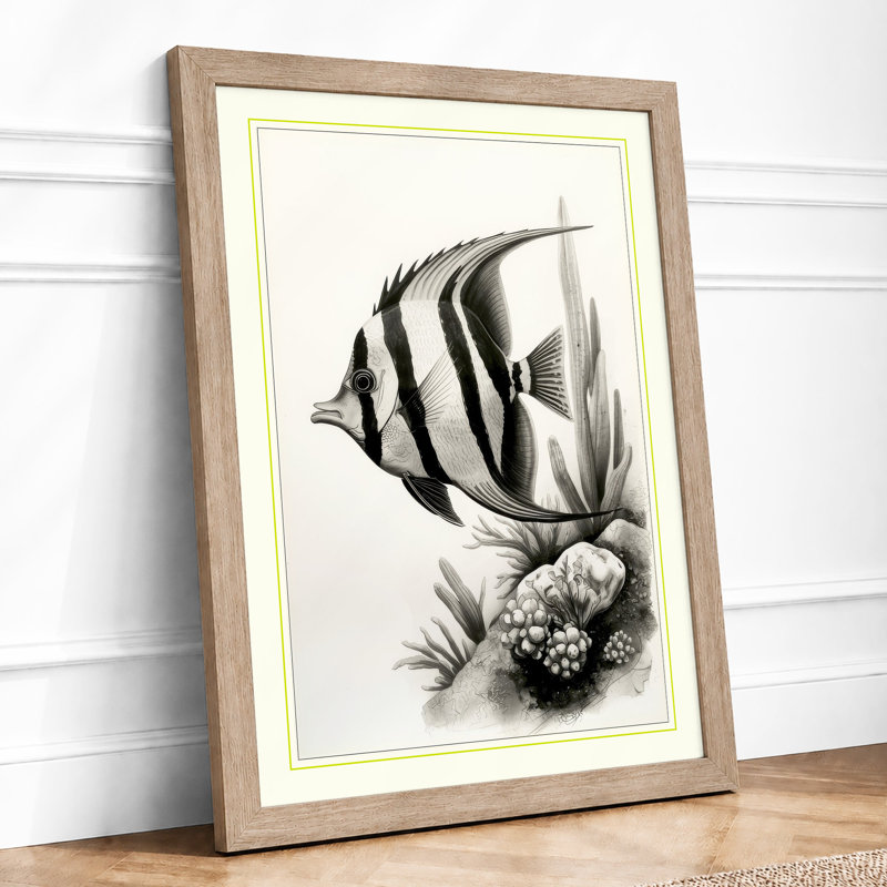 Striped Fish and Coral Botanical - Framed Print, A2 - 59.4 x 42.0 cm, Oak