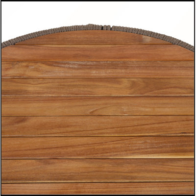 Table d'appoint ronde en bois d'acacia avec structure en corde et plateau fini en teck, supportant jusqu'à 68 kg, résistante aux intempéries.