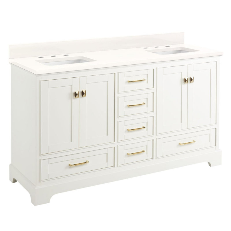 Ensemble de meuble-lavabo double autoportant avec meuble-lavabo 60 po Quen, Quartz blanc arctique, Blanc doux, 8 po