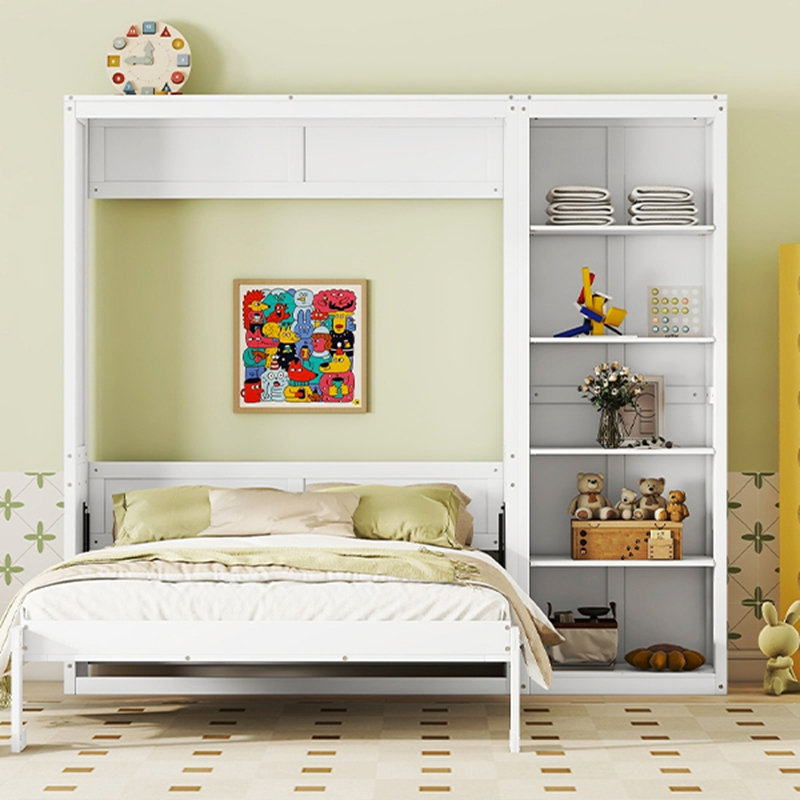 Grand lit escamotable mural avec tablettes, blanc