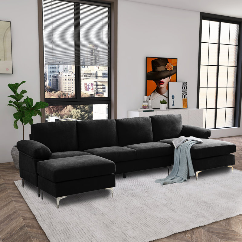 Canapé modulaire réversible avec repose-pieds Landover, Mélange de polyester noir