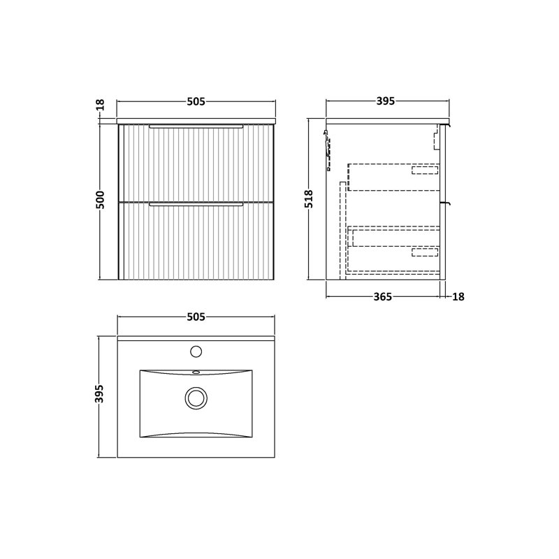 Fluted 500mm Single Bathroom Vanity with Drop In Vitreous China Basin, Satin Blue