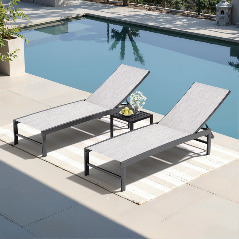 Patio Metal Reclining Chaise Lounge With Square Table (Set Of 3), Earth