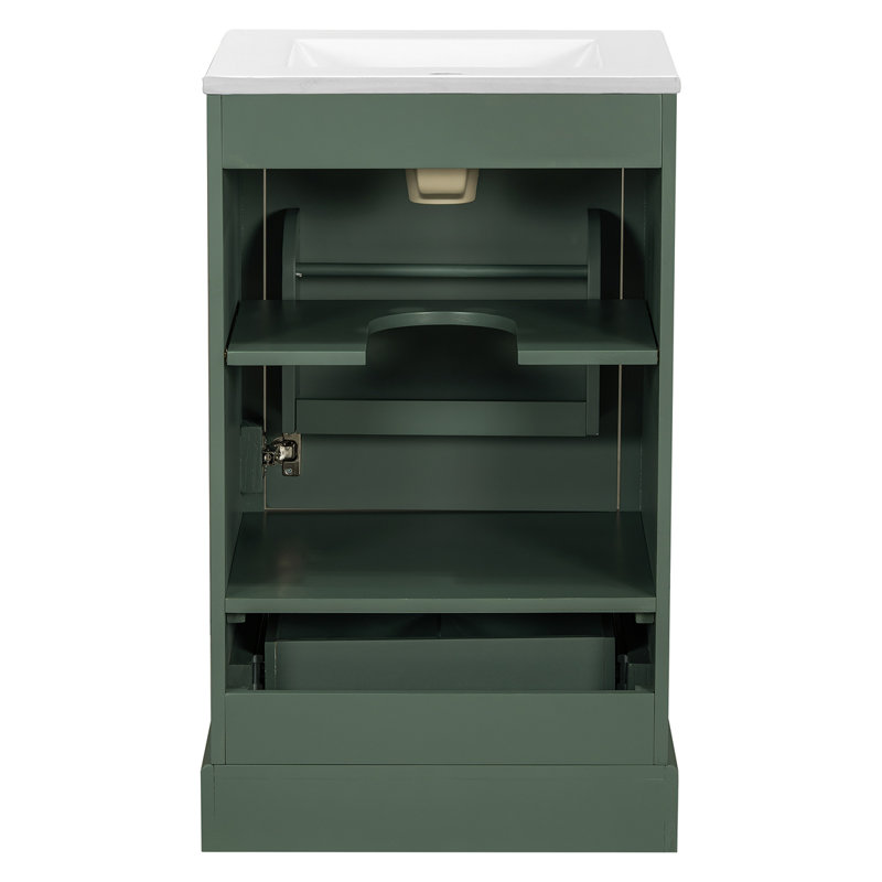 Meuble-lavabo de 20 po avec lavabo en céramique, porte à fermeture en douceur, tablette ajustable en forme de U, tiroir de compartiment et support de porte, style moderne, conception peu encombrante