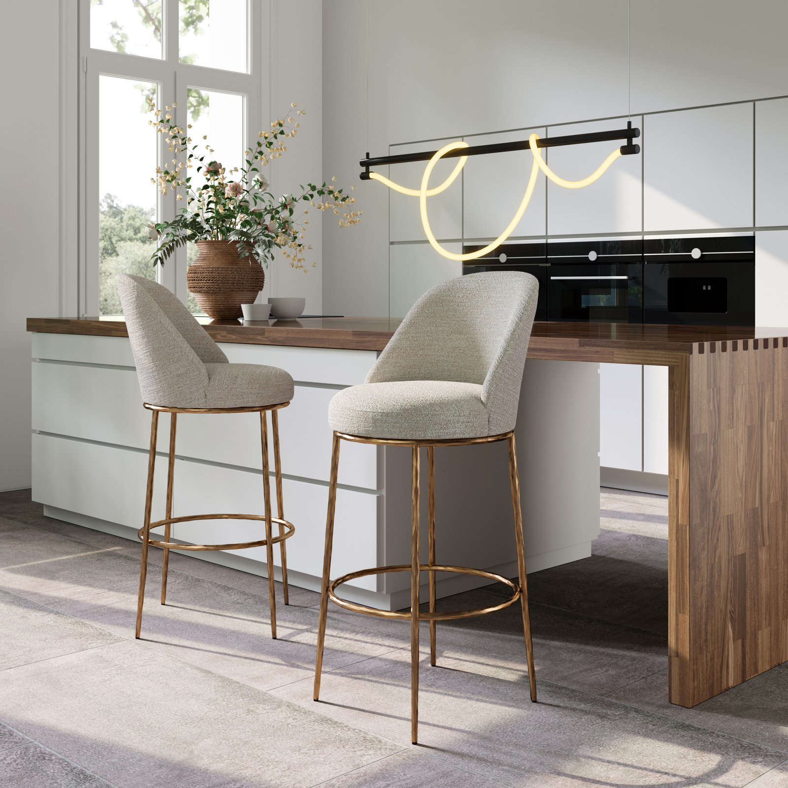 Crush Swivel Bar Stool, Beige/Gold, Bar Stool (31.5” Seat Height)