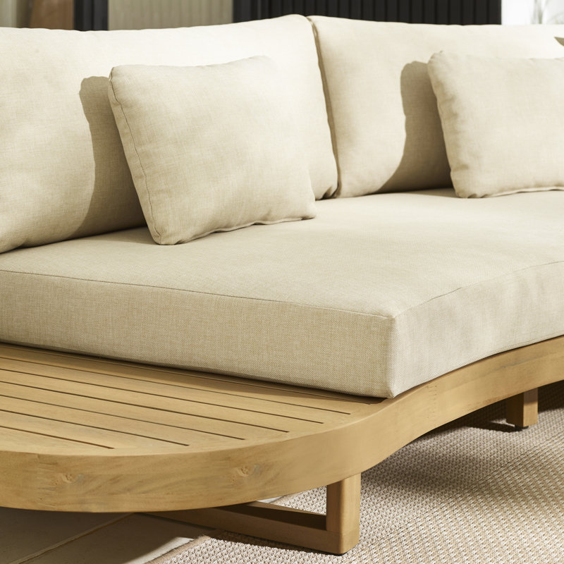 Wesley Wooden & Cream 6 Seater Curved Garden Sofa With Coffee Table - Modern Mid Century Style