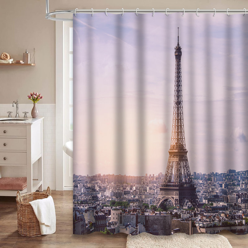 Rideau de douche crépuscule Tour Eiffel Paris Cityscape avec 12 crochets, L 72 po x l 84 po