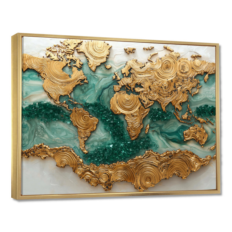 Emerald Crystals World Map Wood Slide I - Art mural carte du monde, H 34 po x l 44 po, Impression encadrée flottante, Doré