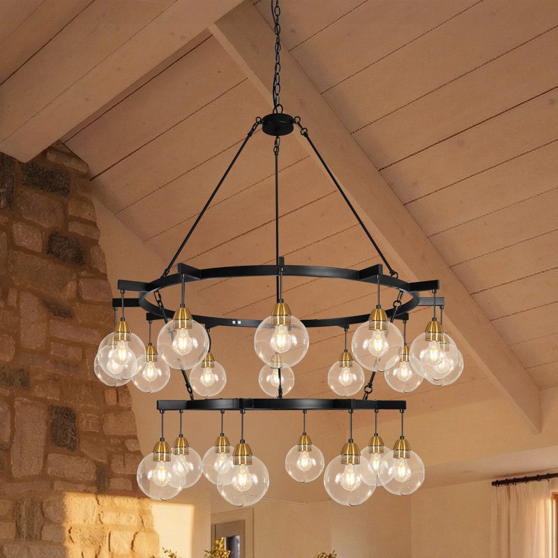 20 - Light 52" Black Two Tier Candle Style Wagon Wheel Chandelier Modern Farmhouse Chandelier For Living Room, Foyer,Entryway