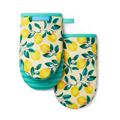 DRAPER JAMES Lemon Blossom Mini Oven Mitt 2-Pack Set, Heat Resistant & Non-Slip Silicone Grip, Yellow/Green, 5.5"x9"
