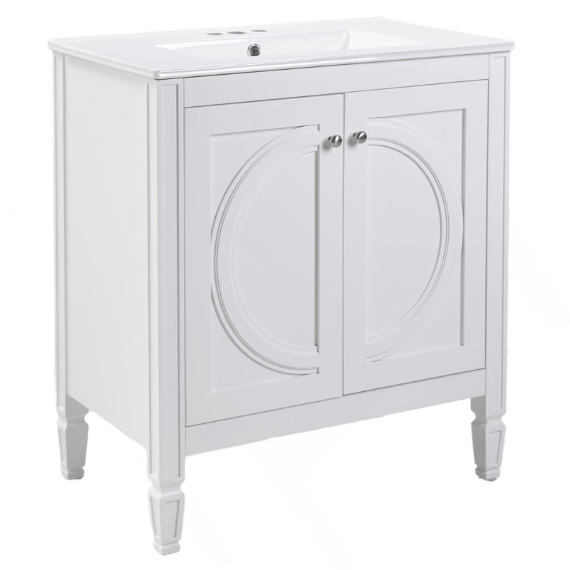 Meuble-lavabo blanc de 30 po sans assemblage requis avec lavabo en céramique, deux portes à fermeture en douceur et tablette réglable, style campagne moderne