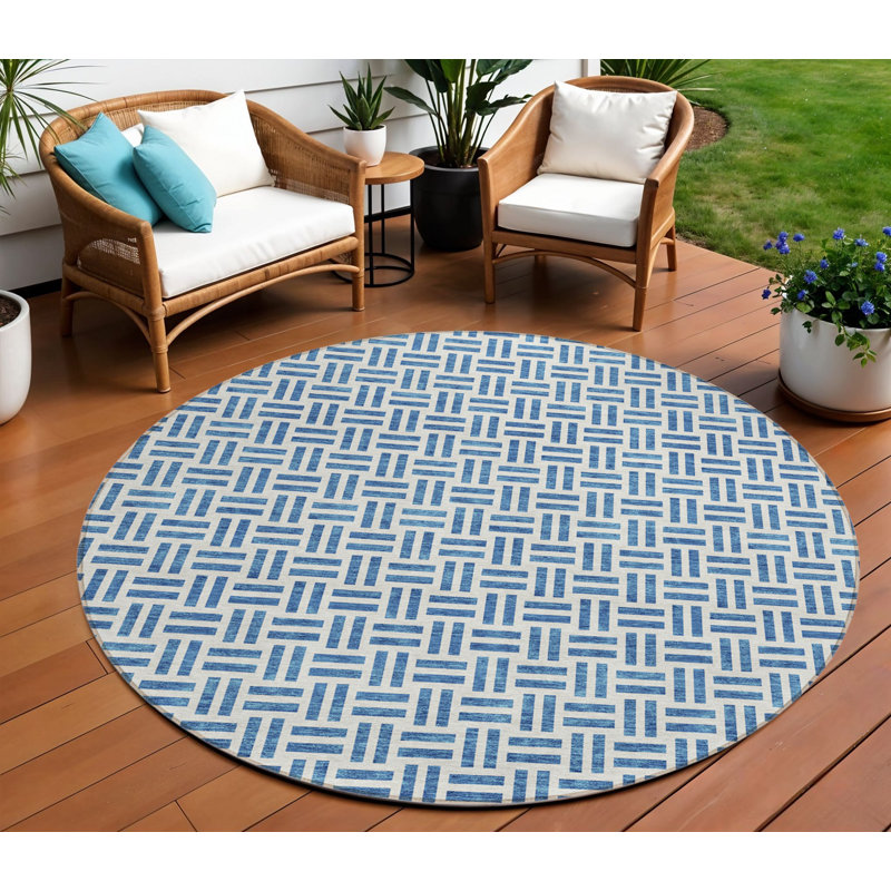 Tapis d'intérieur rond lavable géométrique bleu 8 pi Denim