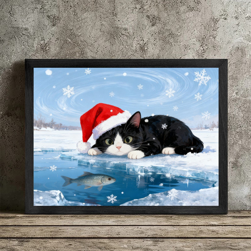 Cadre noir noir fantaisiste, chat, glace, art mural, décoration festive ludique, H 25 po x l 37 po