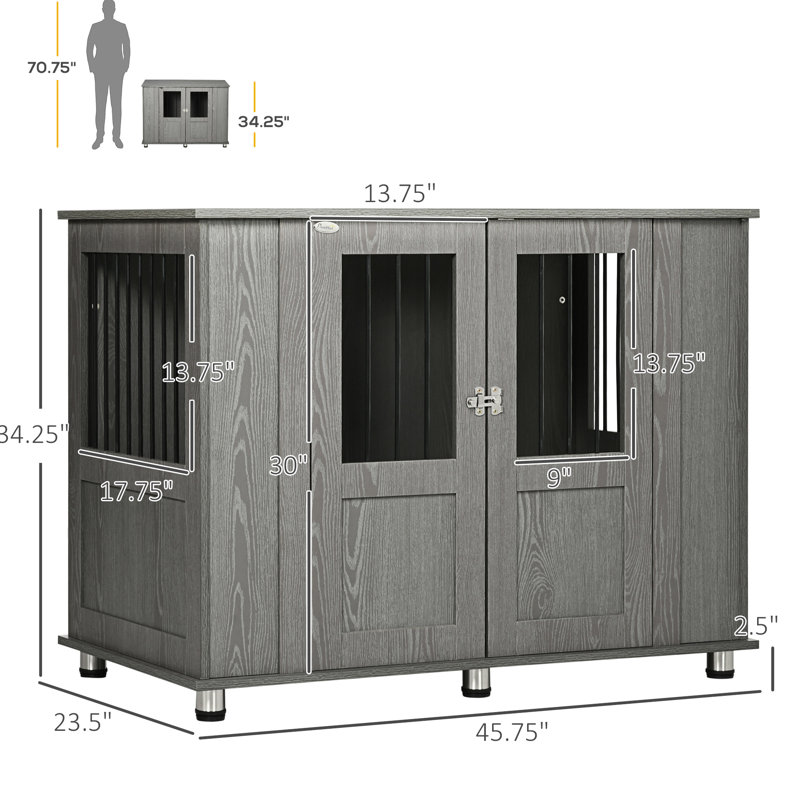 Cage pour animaux grise, très grande table de bout en bois avec portes verrouillables, respirante et pouvant supporter jusqu'à 77 lb Niche pour chien, base imperméable