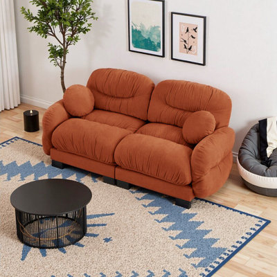 Canapé modulaire confortable en chenille plissée 2 places - Canapé modulaire orange avec mousse haute densité et coussins décoratifs