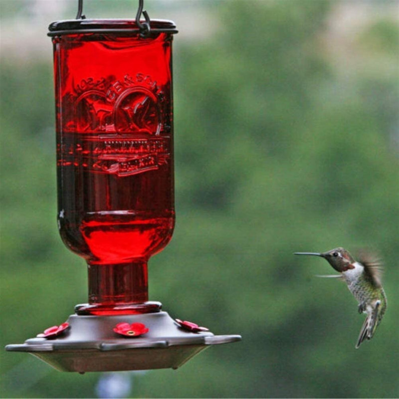 Vintage Red Glass and Metal Hummingbird Nectar Feeder, 13 oz