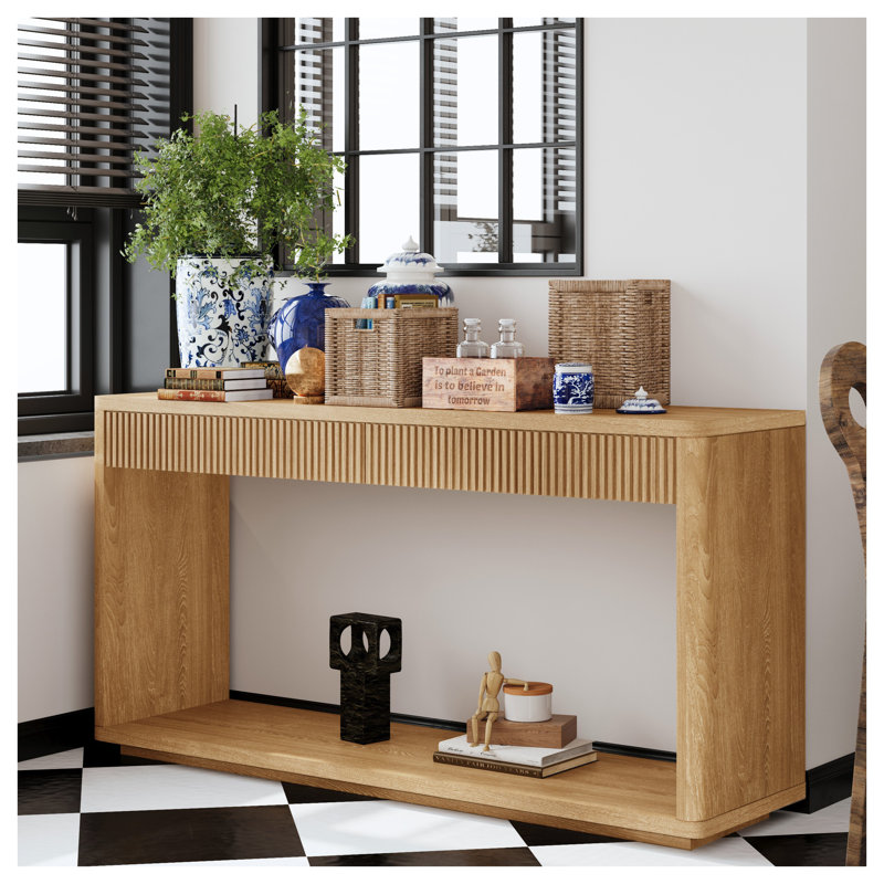 Console cannelée 60 po 2 tiroirs 60 po avec placage en bois naturel, Bois naturel
