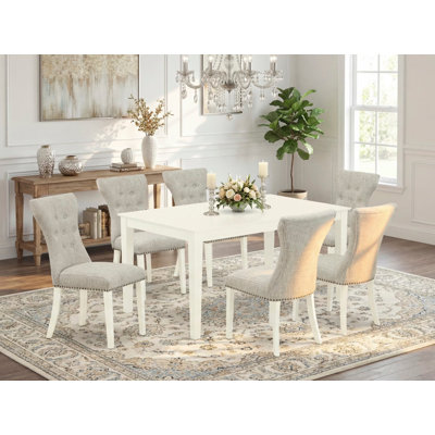 7 Piece Dinette Set Consist of a Rectangle Dining Room Table and 6 Doeskin Linen Fabric Upholstered Parson Chairs, Linen White