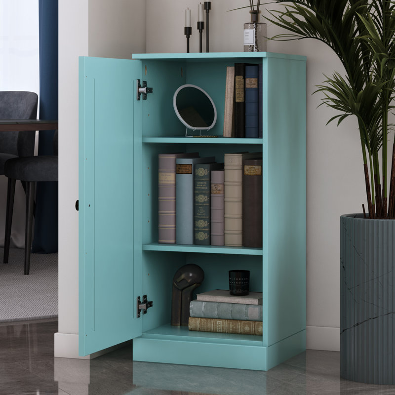 Bibliothèque 100% bois massif à 3 tablettes avec porte pleine et tablettes réglables, Turquoise