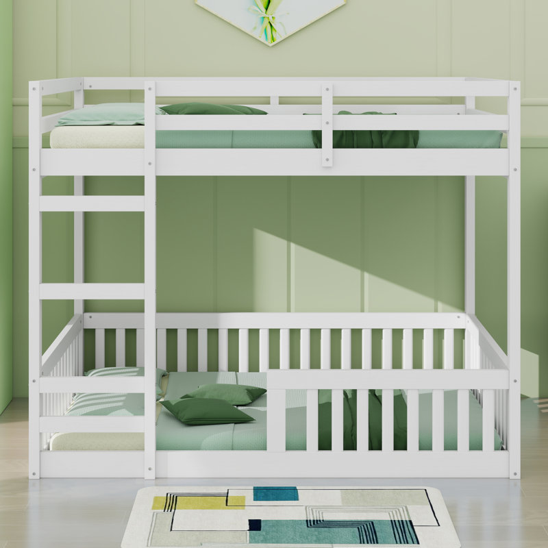 Wood Bunk Beds With Full-Length Guardrails And Short Ladder, White