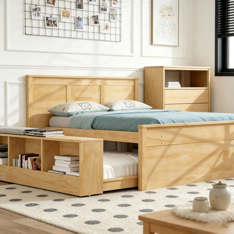Lit plateforme en bois avec lit gigogne escamotable, armoire de rangement, Naturel, Lit simple