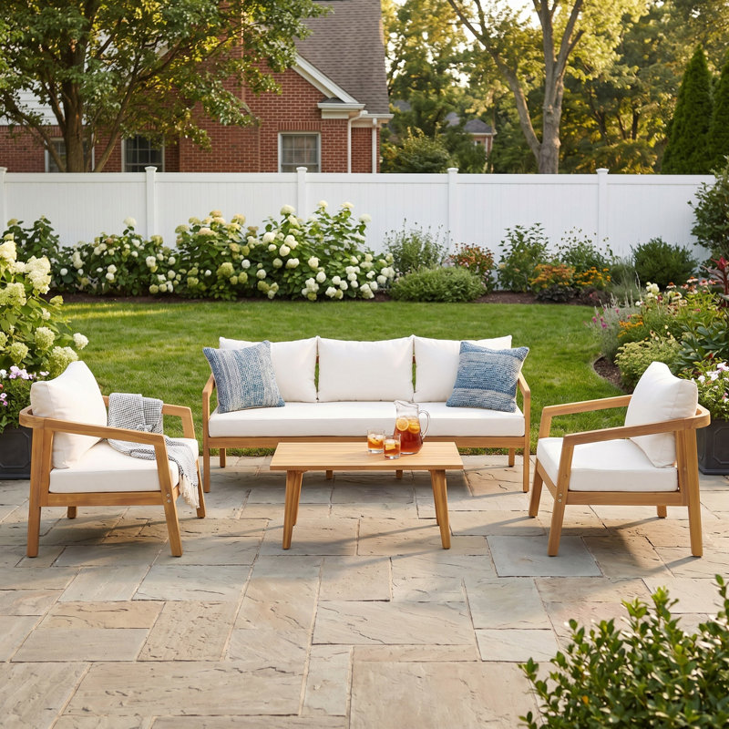 Ensemble de 5 meubles en bois d'acacia, ensemble de conversation avec canapé et table basse pour terrasse, balcon